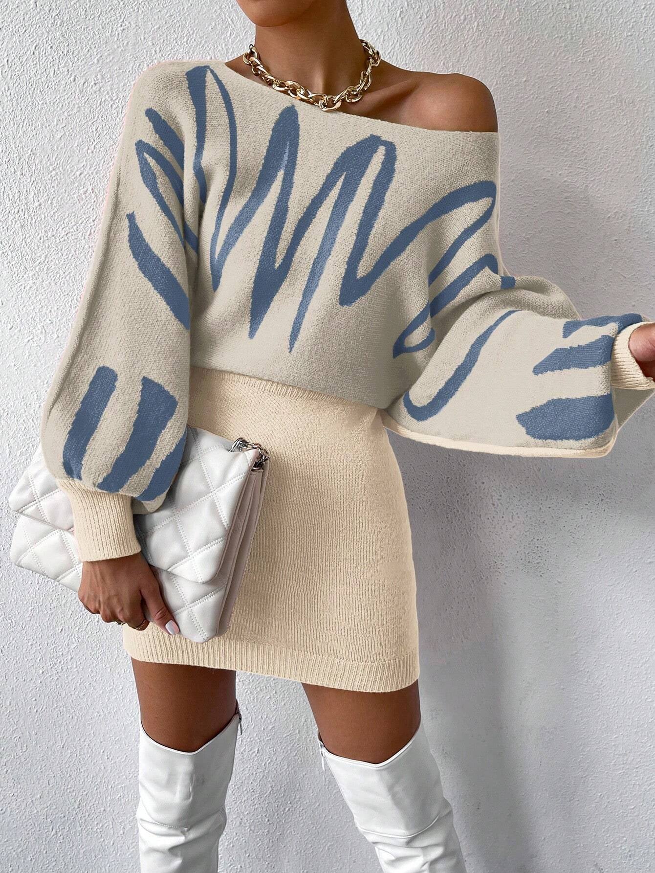 Privé Graphic Pattern Batwing Sleeve Sweater Dress