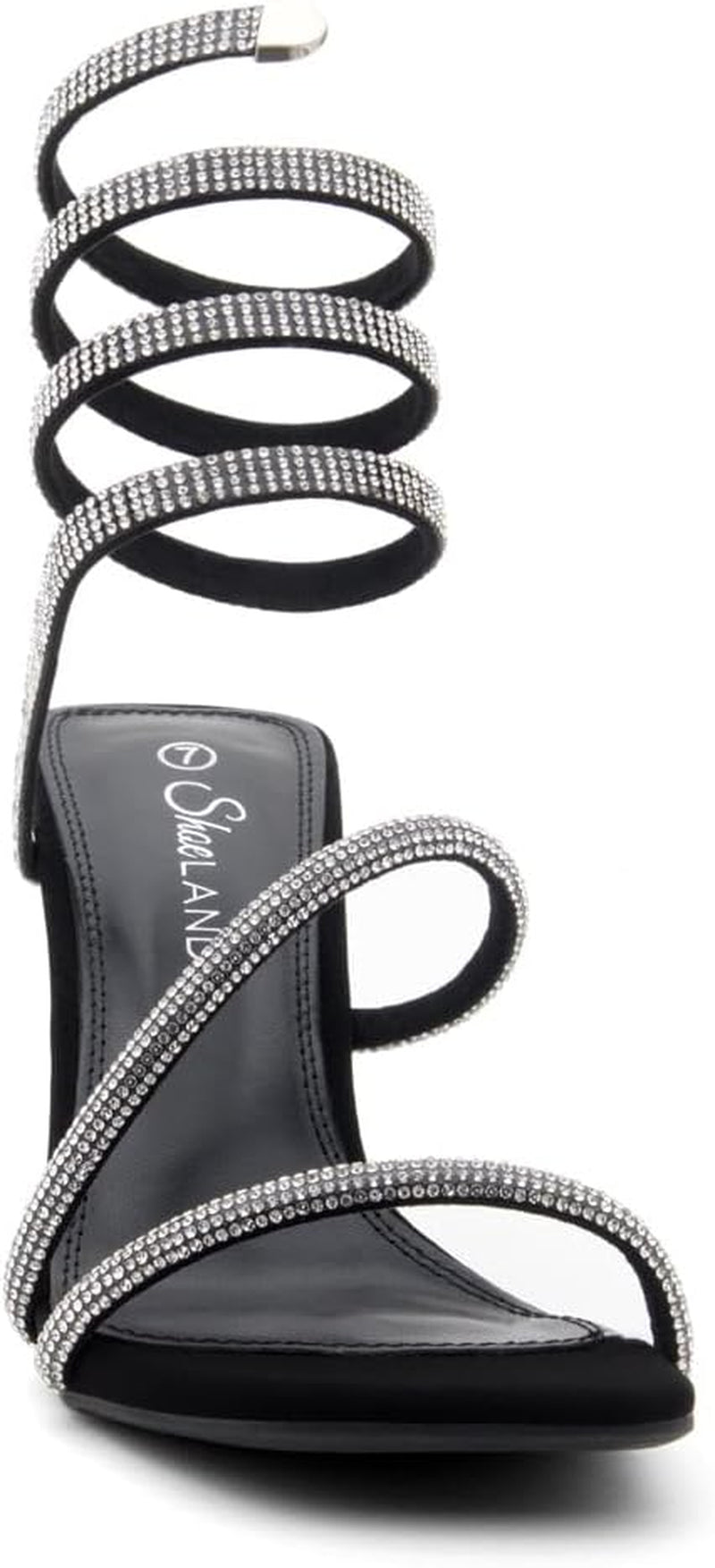 Womens Charming2 Womens Rhinestone Heeled Sandals Spiral Ankle Wrap Strap High Heel Party Shoes