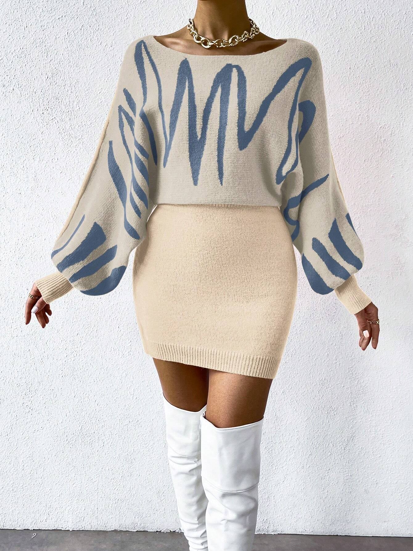 Privé Graphic Pattern Batwing Sleeve Sweater Dress