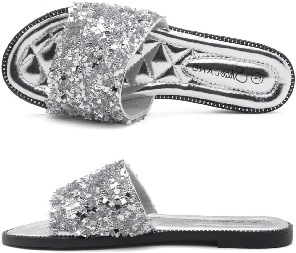Joli Womens Flat Sandals Fashion Sparkly Slides Black Gold Silver Flat Sandals Open Toe Rhinestone Slippers Glitter Bling Casual Sandal for Summer Daily Party
