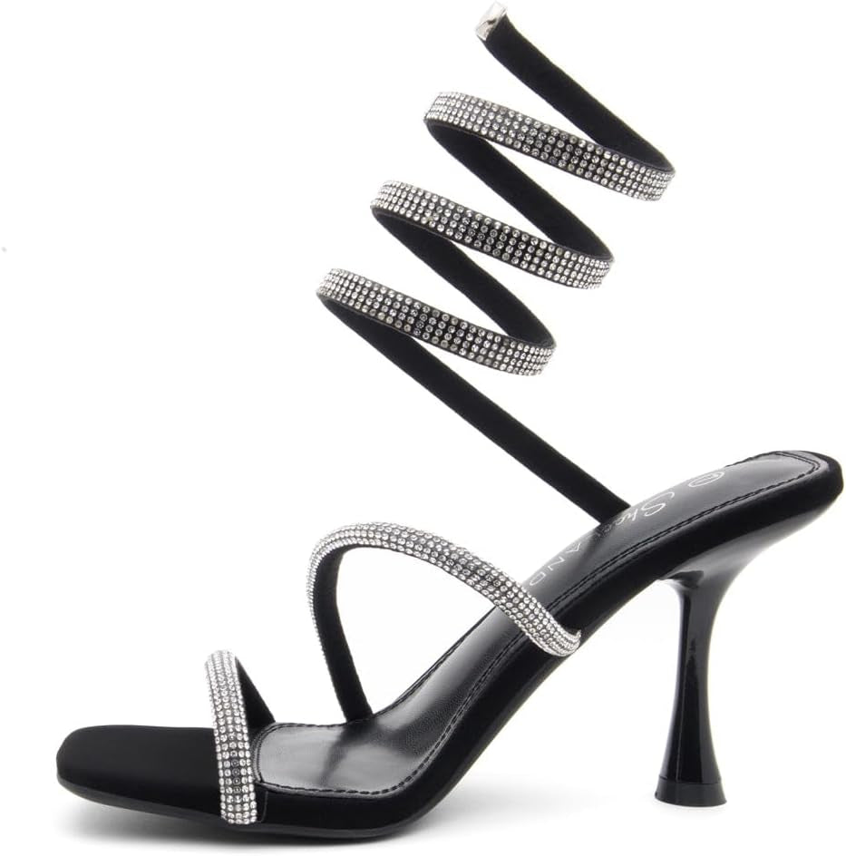 Womens Charming2 Womens Rhinestone Heeled Sandals Spiral Ankle Wrap Strap High Heel Party Shoes