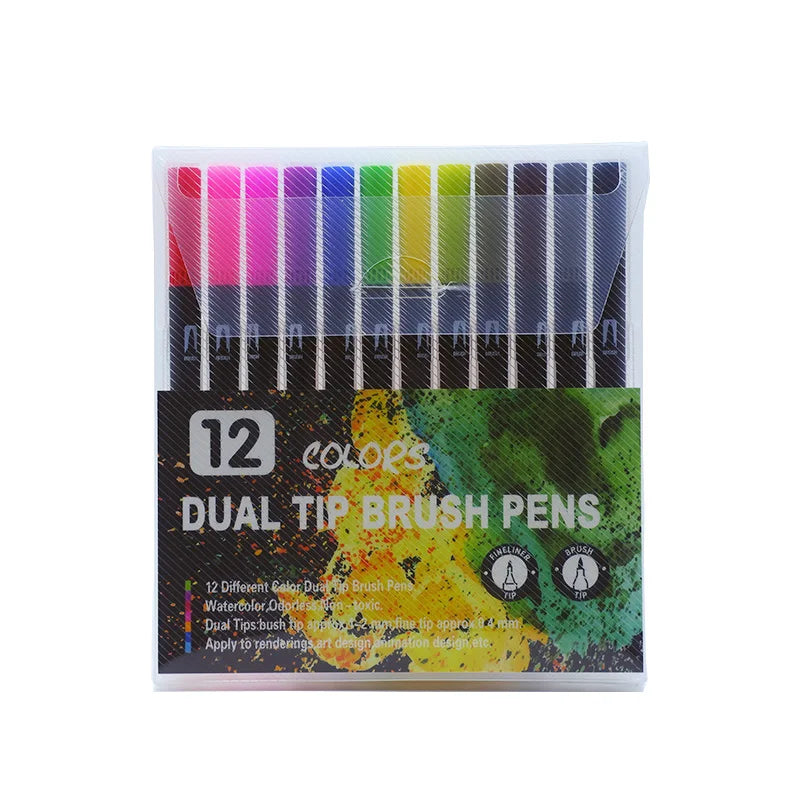 12-132 Colors Dual Tip Watercolor Brush Pen Kids Adults Artist Fine Point Coloring Markers Art Supplies for Artist