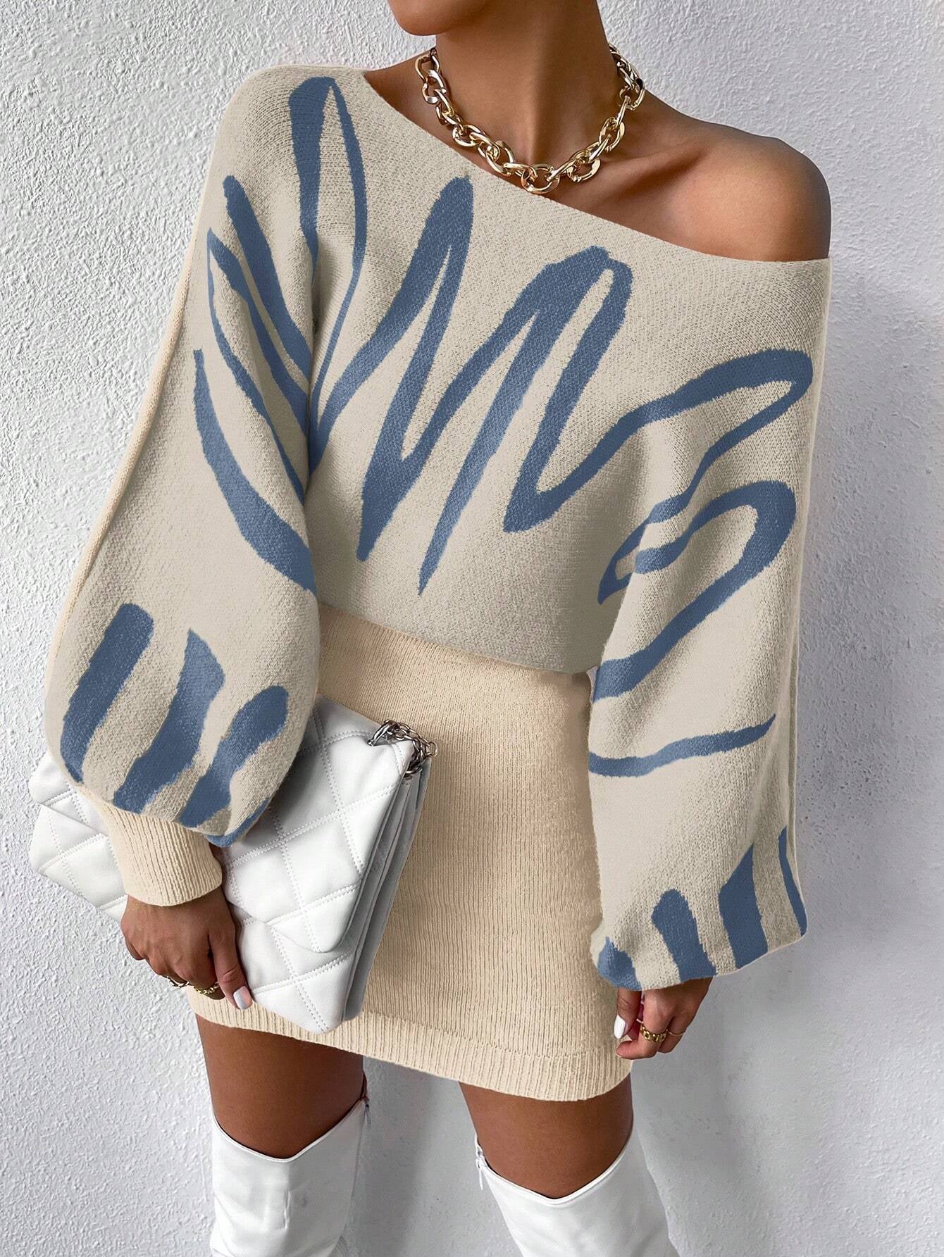 Privé Graphic Pattern Batwing Sleeve Sweater Dress