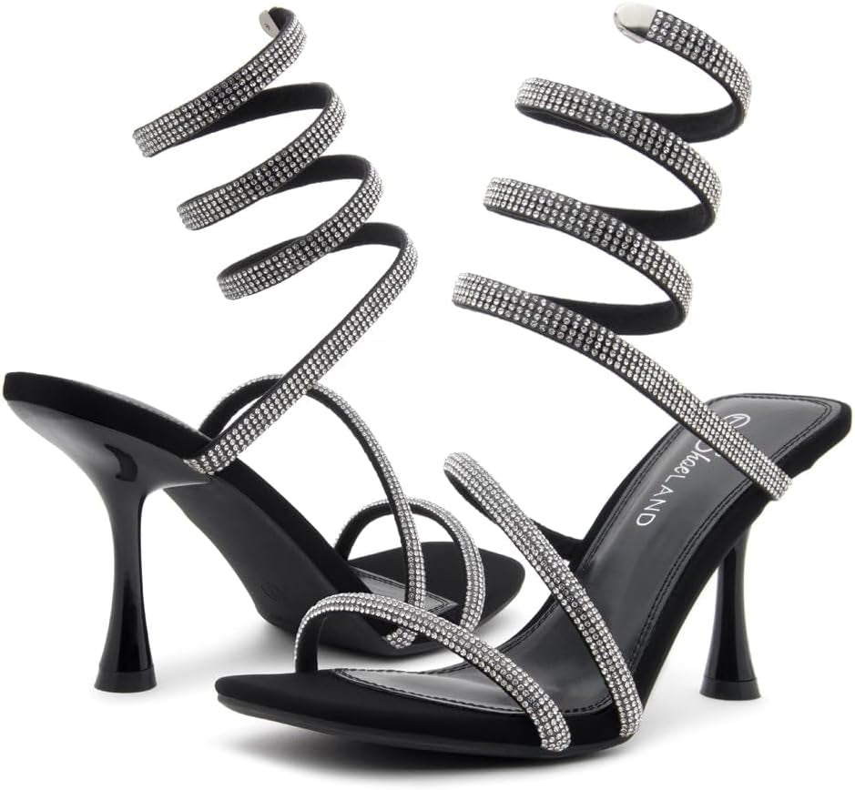 Womens Charming2 Womens Rhinestone Heeled Sandals Spiral Ankle Wrap Strap High Heel Party Shoes