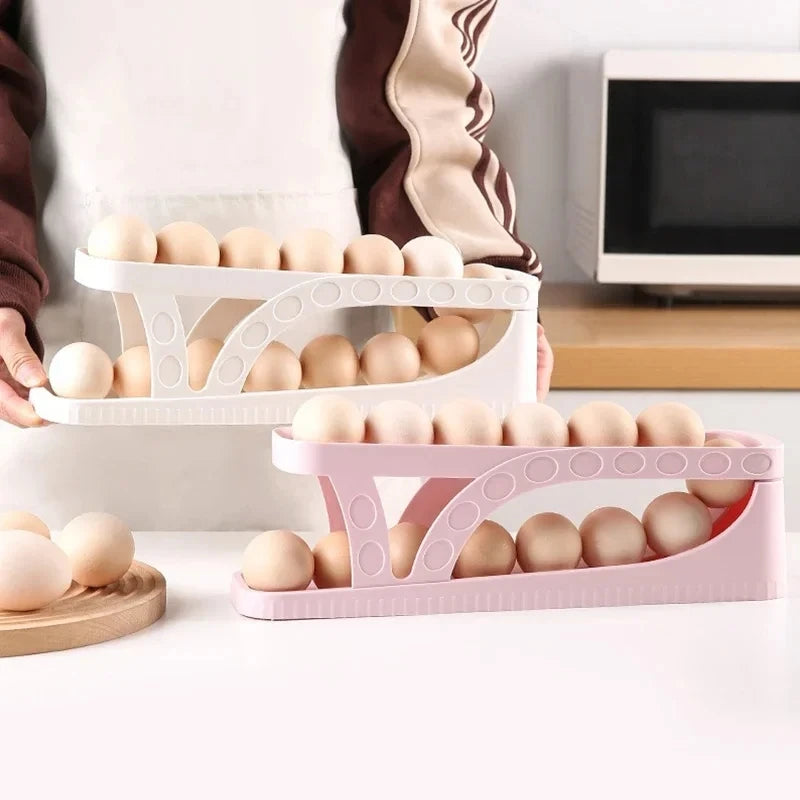 Automatic Scrolling Egg Rack Holder Storage Box Egg Basket Container Organizer Rolldown Refrigerator Egg Dispenser for Kitchen