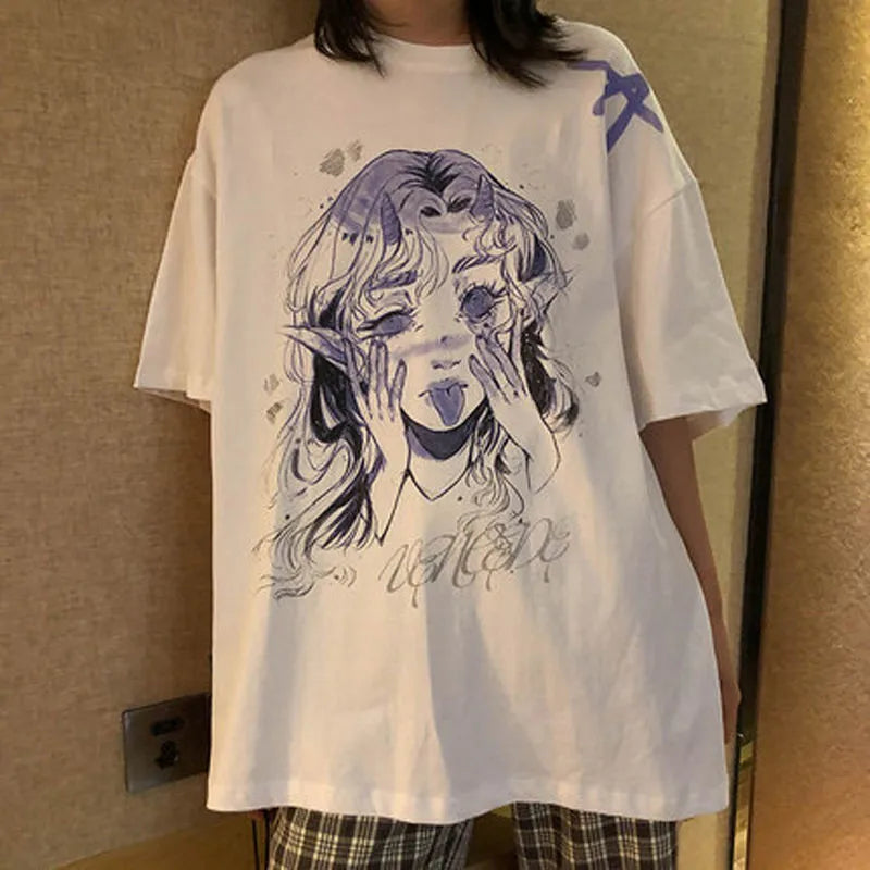 Women Oversized T Shirt White Cartoon Femme Kawaii Tops Tee Short Sleeve Fashion Summer Funny T-Shirt for Girl Hip Hop Clothes