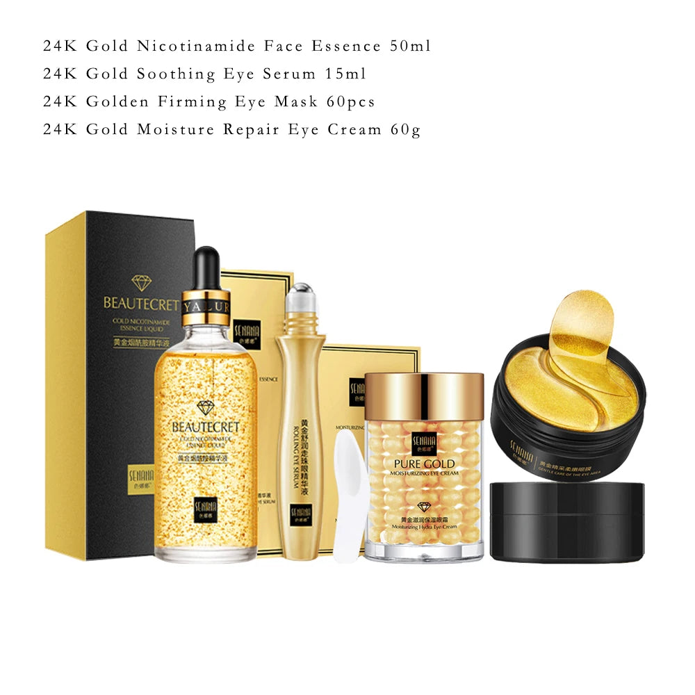 Skin Care Set 24K Gold Nicotinamide Face Essence Collagen Face Cream Moisturizing Face Mask Brighten Eye Cream Crystal Eye Patch