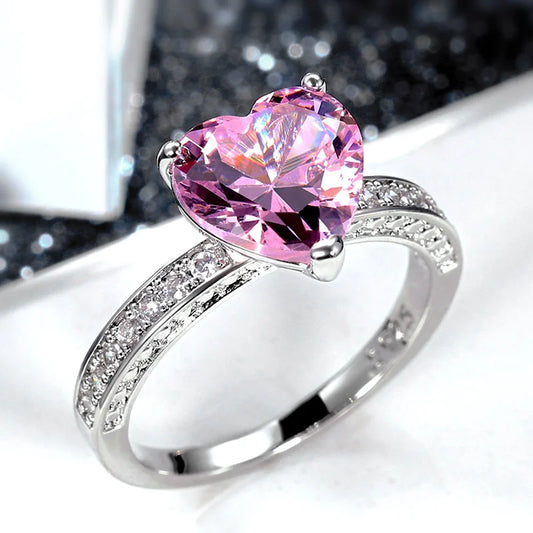 Luxury Solitaire Women Heart Engagement Rings AAA Pink Cubic Zirconia Proposal Rings for Girlfriend Anniversary Gift