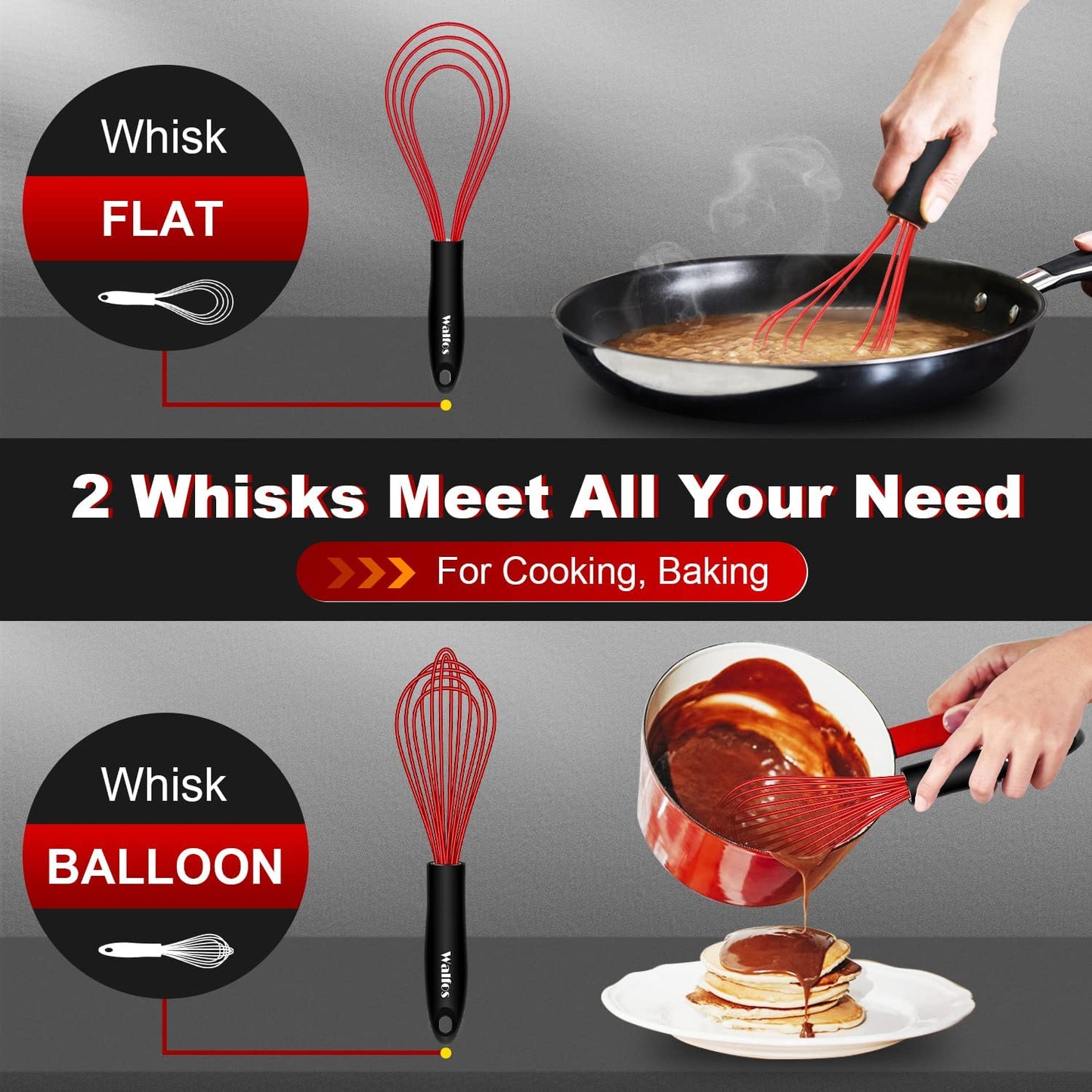 Flat Whisk,11In Flat Whisk and 10In Balloon Whisk Perfect for Whisking, Flat Roux Whisk, Gravy Stirring, BPA Free, Dishwasher Safe.2Pcs RED