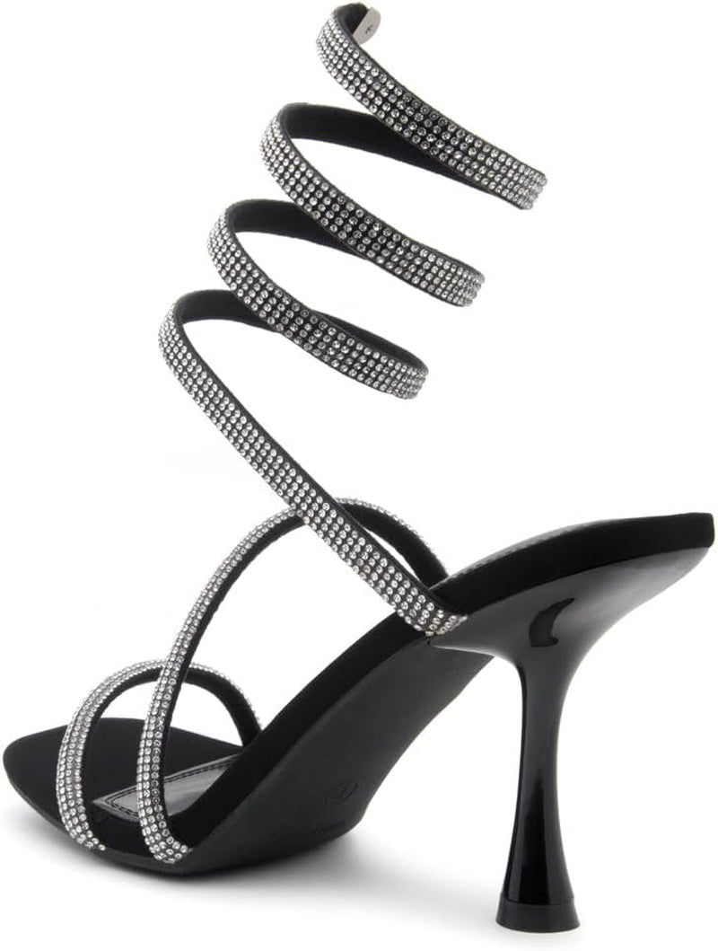 Womens Charming2 Womens Rhinestone Heeled Sandals Spiral Ankle Wrap Strap High Heel Party Shoes
