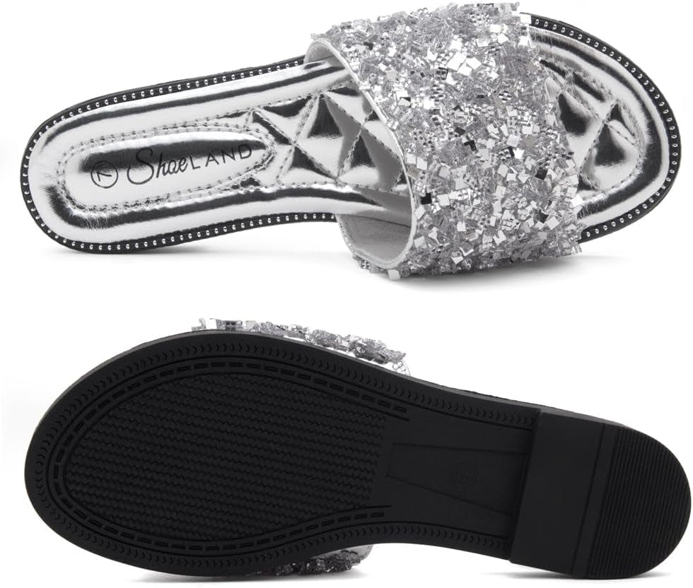 Joli Womens Flat Sandals Fashion Sparkly Slides Black Gold Silver Flat Sandals Open Toe Rhinestone Slippers Glitter Bling Casual Sandal for Summer Daily Party