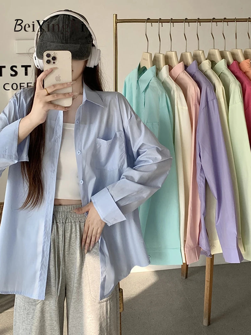 2024 Spring Autumn Women Shirts White Plain Loose Oversized Blouses Female Tops Loose BF Korean Style Blusas Pockets