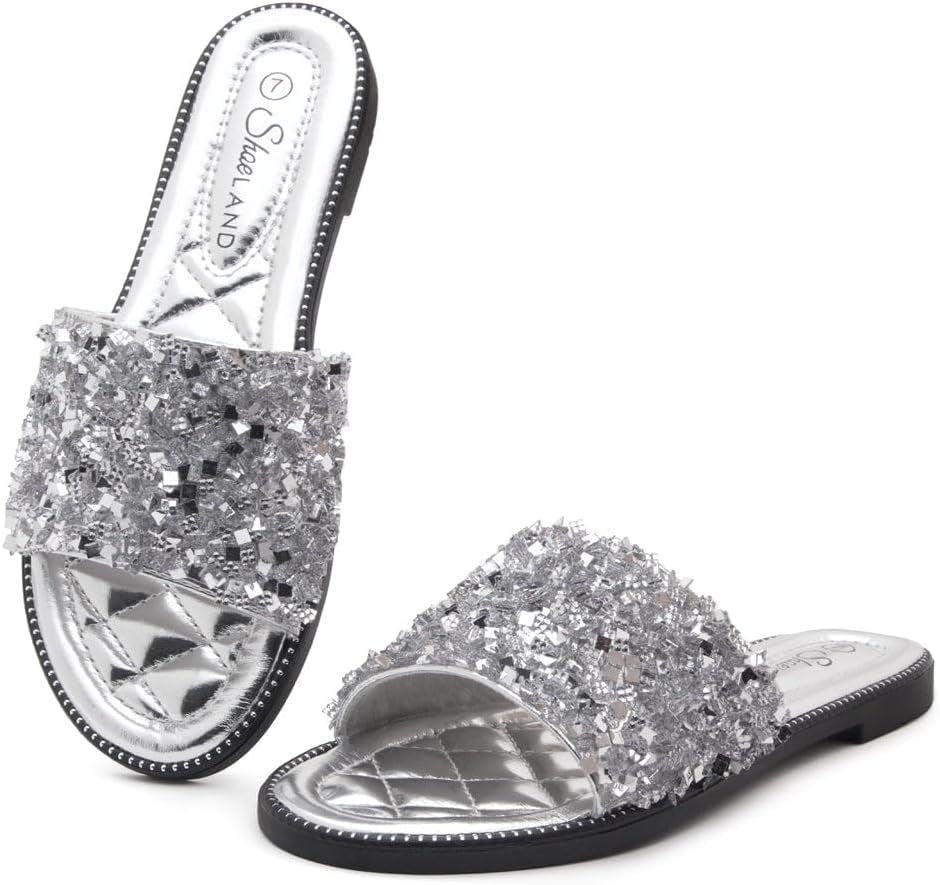Joli Womens Flat Sandals Fashion Sparkly Slides Black Gold Silver Flat Sandals Open Toe Rhinestone Slippers Glitter Bling Casual Sandal for Summer Daily Party