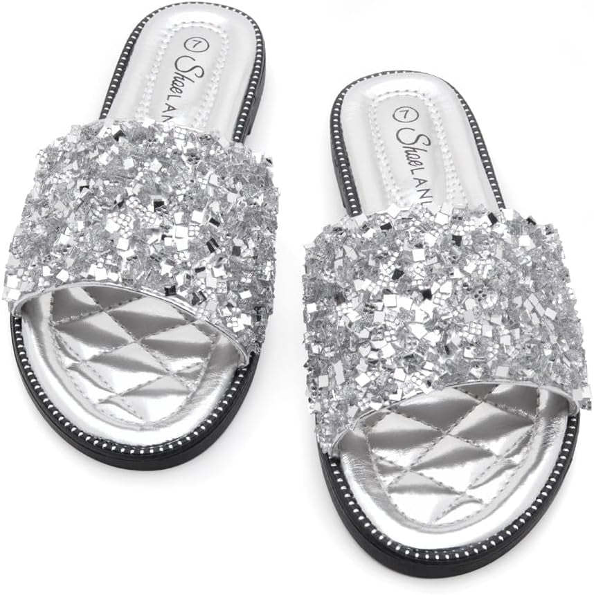 Joli Womens Flat Sandals Fashion Sparkly Slides Black Gold Silver Flat Sandals Open Toe Rhinestone Slippers Glitter Bling Casual Sandal for Summer Daily Party