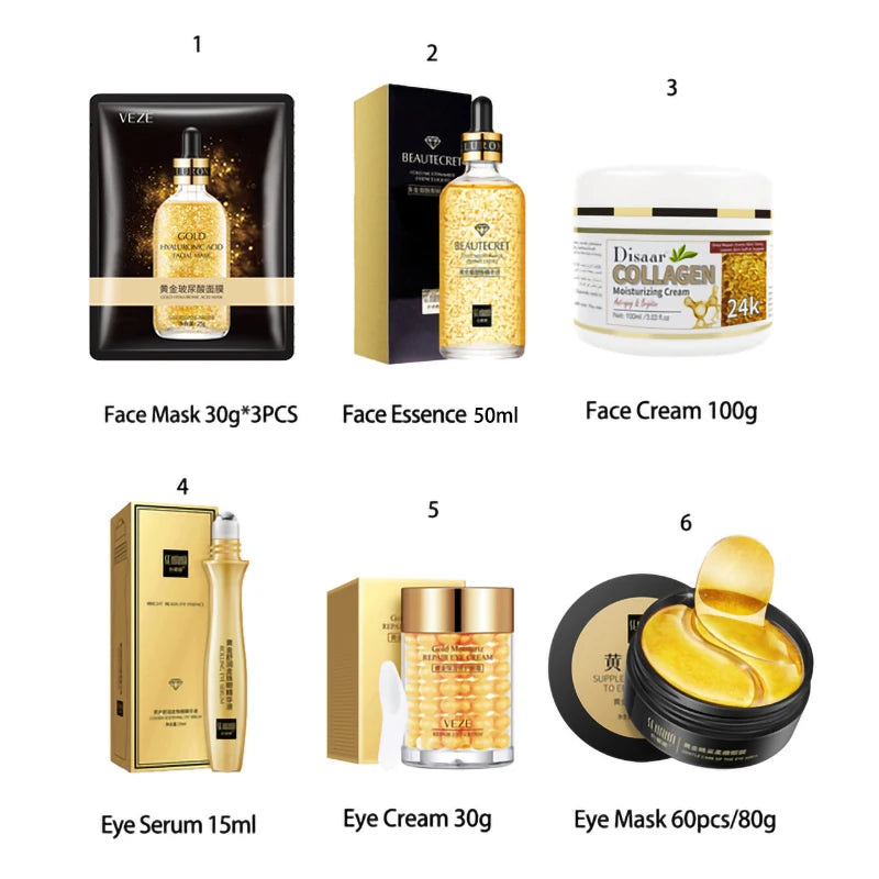 Skin Care Set 24K Gold Nicotinamide Face Essence Collagen Face Cream Moisturizing Face Mask Brighten Eye Cream Crystal Eye Patch