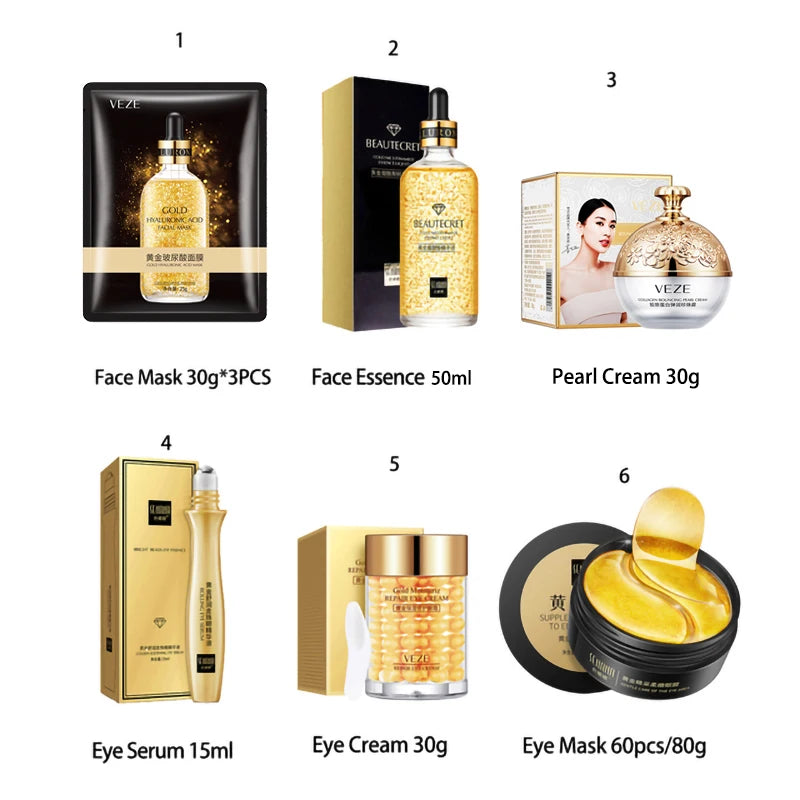 Skin Care Set 24K Gold Nicotinamide Face Essence Collagen Face Cream Moisturizing Face Mask Brighten Eye Cream Crystal Eye Patch