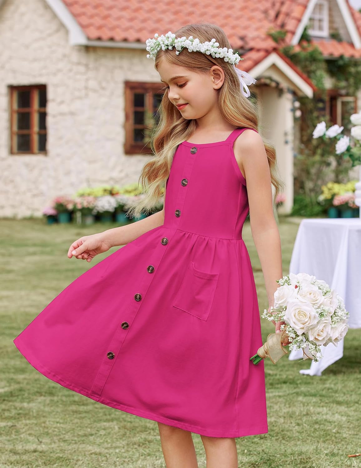 Girl'S Spaghetti Strap Button down Midi Sleeveless Summer Casual Sundress A-Line Dress with Pockets