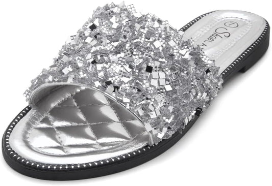 Joli Womens Flat Sandals Fashion Sparkly Slides Black Gold Silver Flat Sandals Open Toe Rhinestone Slippers Glitter Bling Casual Sandal for Summer Daily Party